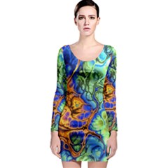 Abstract Fractal Batik Art Green Blue Brown Long Sleeve Bodycon Dress by EDDArt