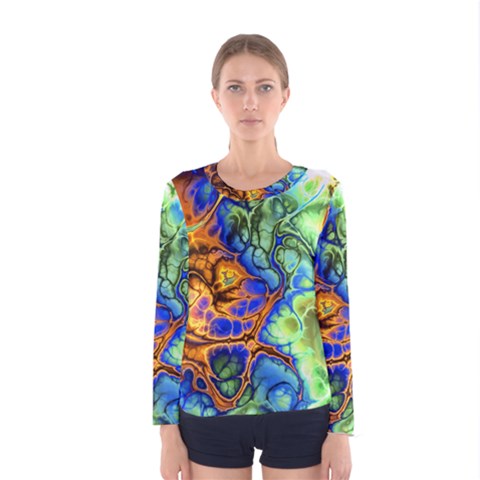 Abstract Fractal Batik Art Green Blue Brown Women s Long Sleeve Tee by EDDArt