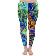 Abstract Fractal Batik Art Green Blue Brown Winter Leggings  by EDDArt