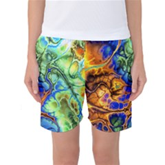 Abstract Fractal Batik Art Green Blue Brown Women s Basketball Shorts by EDDArt