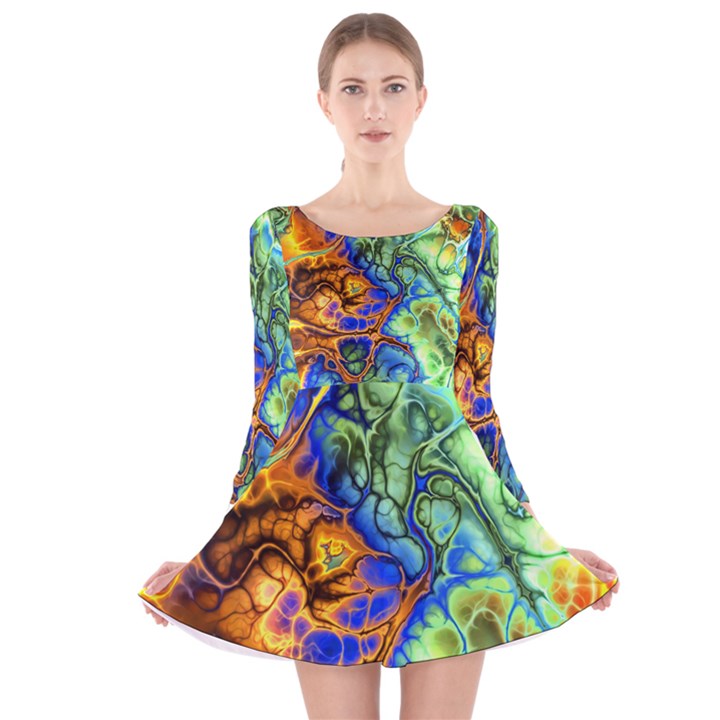 Abstract Fractal Batik Art Green Blue Brown Long Sleeve Velvet Skater Dress