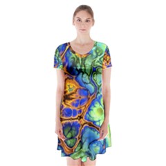 Abstract Fractal Batik Art Green Blue Brown Short Sleeve V-neck Flare Dress