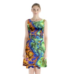 Abstract Fractal Batik Art Green Blue Brown Sleeveless Chiffon Waist Tie Dress by EDDArt