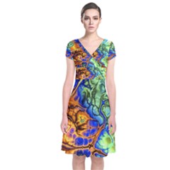 Abstract Fractal Batik Art Green Blue Brown Short Sleeve Front Wrap Dress