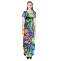 Abstract Fractal Batik Art Green Blue Brown Short Sleeve Maxi Dress by EDDArt