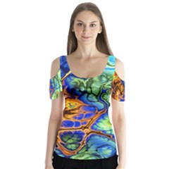 Abstract Fractal Batik Art Green Blue Brown Butterfly Sleeve Cutout Tee 