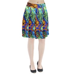 Abstract Fractal Batik Art Green Blue Brown Pleated Skirt