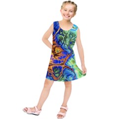 Abstract Fractal Batik Art Green Blue Brown Kids  Tunic Dress by EDDArt