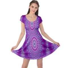 India Ornaments Mandala Pillar Blue Violet Cap Sleeve Dresses by EDDArt