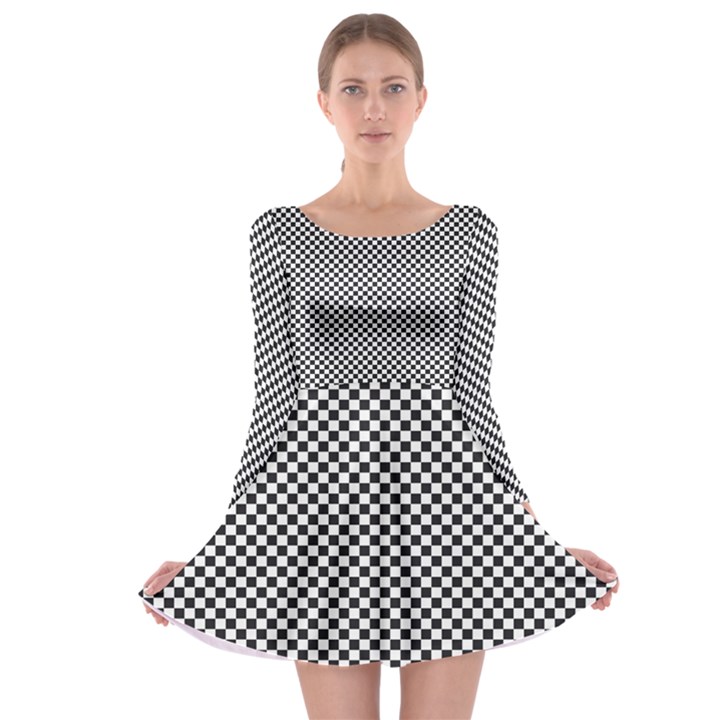 Sports Racing Chess Squares Black White Long Sleeve Skater Dress