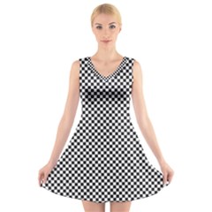 Sports Racing Chess Squares Black White V-neck Sleeveless Skater Dress by EDDArt