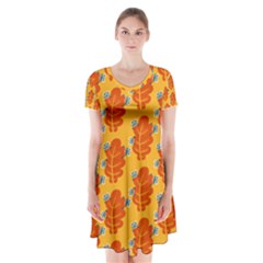 Bugs Eat Autumn Leaf Pattern Short Sleeve V-neck Flare Dress