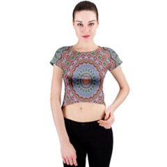 Abstract Painting Mandala Salmon Blue Green Crew Neck Crop Top by EDDArt