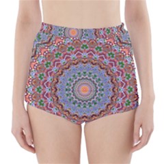 Abstract Painting Mandala Salmon Blue Green High-waisted Bikini Bottoms