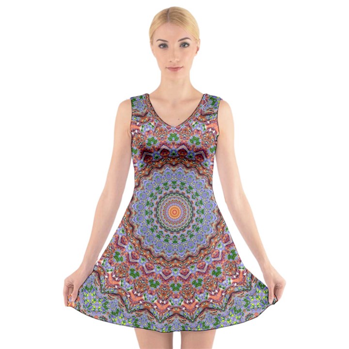 Abstract Painting Mandala Salmon Blue Green V-Neck Sleeveless Skater Dress