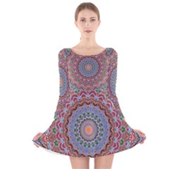 Abstract Painting Mandala Salmon Blue Green Long Sleeve Velvet Skater Dress by EDDArt