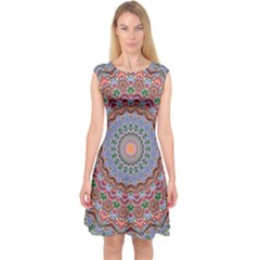 Abstract Painting Mandala Salmon Blue Green Capsleeve Midi Dress by EDDArt