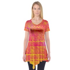 Yello And Magenta Lace Texture Short Sleeve Tunic 