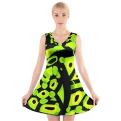 Green Neon Abstraction V-neck Sleeveless Skater Dress