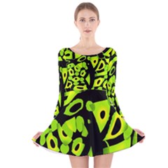 Green Neon Abstraction Long Sleeve Velvet Skater Dress by Valentinaart