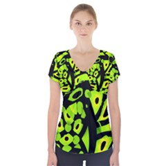 Green Neon Abstraction Short Sleeve Front Detail Top