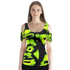 Green Neon Abstraction Butterfly Sleeve Cutout Tee 