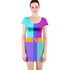 Right Angle Squares Stripes Cross Colored Short Sleeve Bodycon Dress by EDDArt