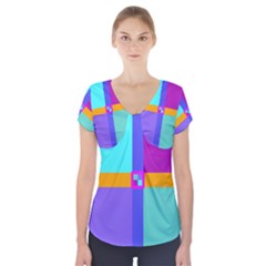 Right Angle Squares Stripes Cross Colored Short Sleeve Front Detail Top by EDDArt