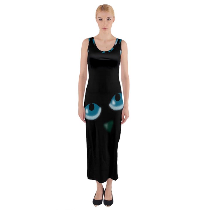 Halloween - black cat - blue eyes Fitted Maxi Dress