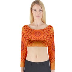 Lotus Fractal Flower Orange Yellow Long Sleeve Crop Top by EDDArt