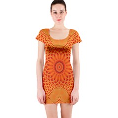 Lotus Fractal Flower Orange Yellow Short Sleeve Bodycon Dress by EDDArt