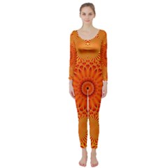 Lotus Fractal Flower Orange Yellow Long Sleeve Catsuit by EDDArt