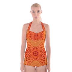 Lotus Fractal Flower Orange Yellow Boyleg Halter Swimsuit  by EDDArt