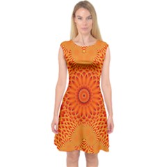 Lotus Fractal Flower Orange Yellow Capsleeve Midi Dress by EDDArt