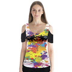 Crazy Multicolored Double Running Splashes Butterfly Sleeve Cutout Tee 