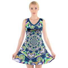 Power Spiral Polygon Blue Green White V-neck Sleeveless Dress by EDDArt