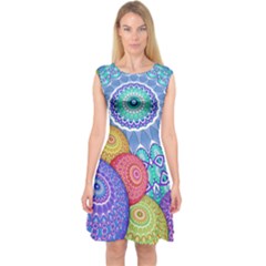 India Ornaments Mandala Balls Multicolored Capsleeve Midi Dress by EDDArt