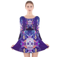 Día De Los Muertos Skull Ornaments Multicolored Long Sleeve Velvet Skater Dress by EDDArt