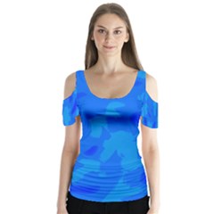 Simple Blue Butterfly Sleeve Cutout Tee 