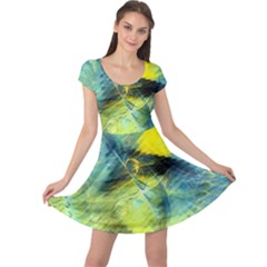 Light Blue Yellow Abstract Fractal Cap Sleeve Dresses by designworld65