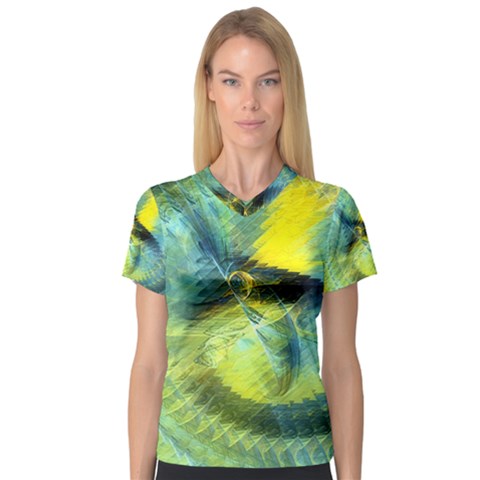 Light Blue Yellow Abstract Fractal Women s V-neck Sport Mesh Tee by designworld65