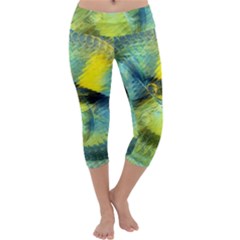 Light Blue Yellow Abstract Fractal Capri Yoga Leggings