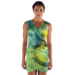 Light Blue Yellow Abstract Fractal Wrap Front Bodycon Dress by designworld65