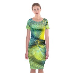 Light Blue Yellow Abstract Fractal Classic Short Sleeve Midi Dress