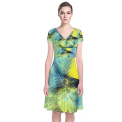 Light Blue Yellow Abstract Fractal Short Sleeve Front Wrap Dress by designworld65