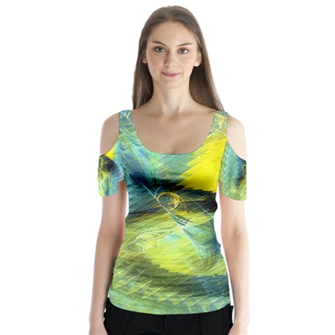 Light Blue Yellow Abstract Fractal Butterfly Sleeve Cutout Tee  by designworld65