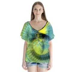 Light Blue Yellow Abstract Fractal Flutter Sleeve Top