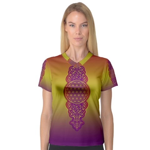 Flower Of Life Vintage Gold Ornaments Red Purple Olive Women s V-neck Sport Mesh Tee by EDDArt