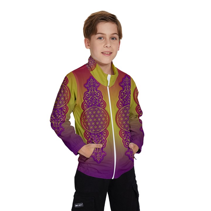 Flower Of Life Vintage Gold Ornaments Red Purple Olive Wind Breaker (Kids)