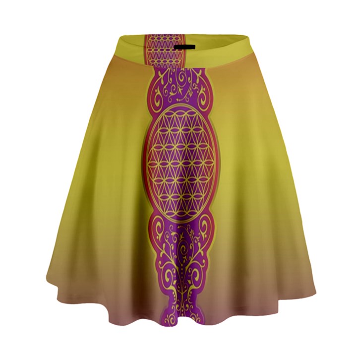 Flower Of Life Vintage Gold Ornaments Red Purple Olive High Waist Skirt